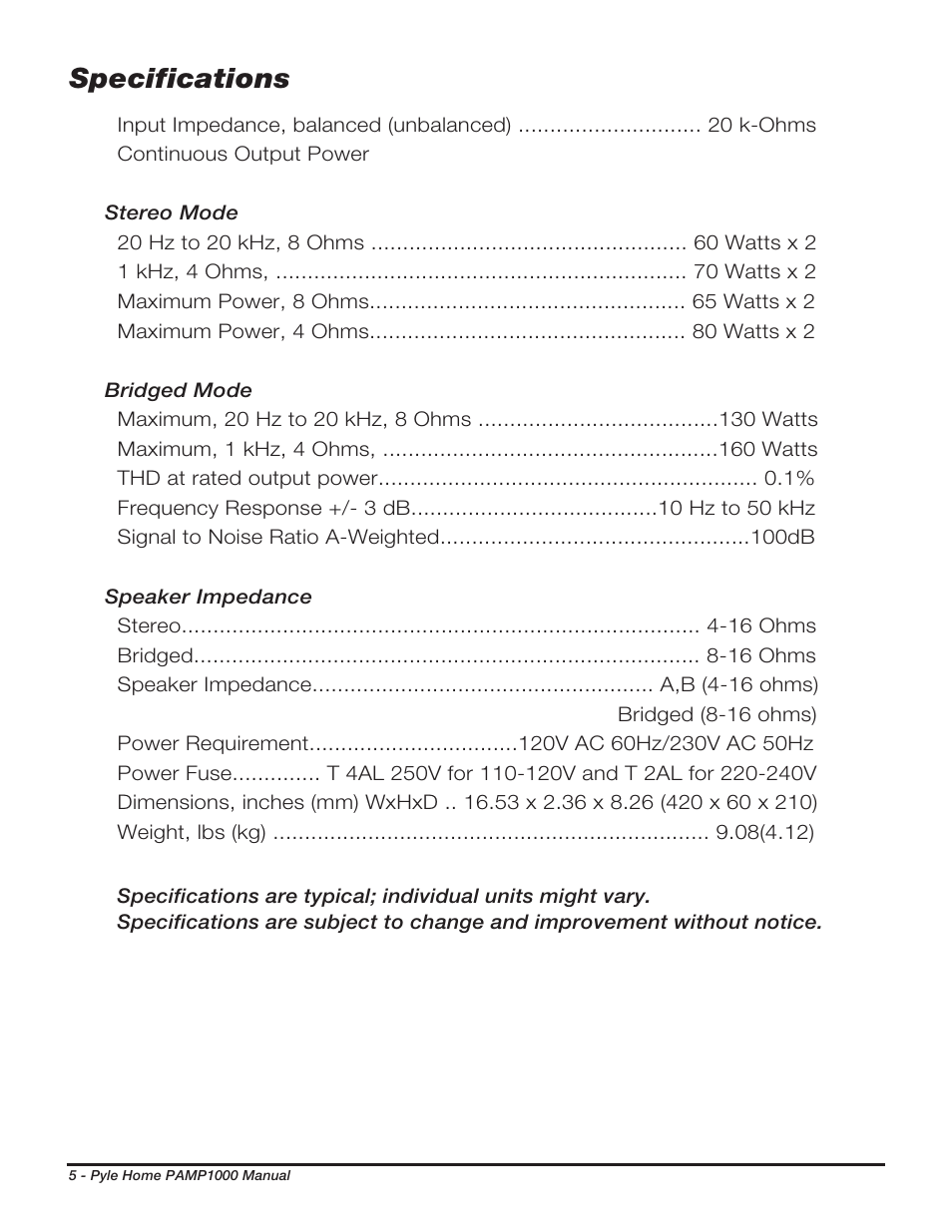 Specifications | PYLE Audio PAMP1000 User Manual | Page 6 / 8