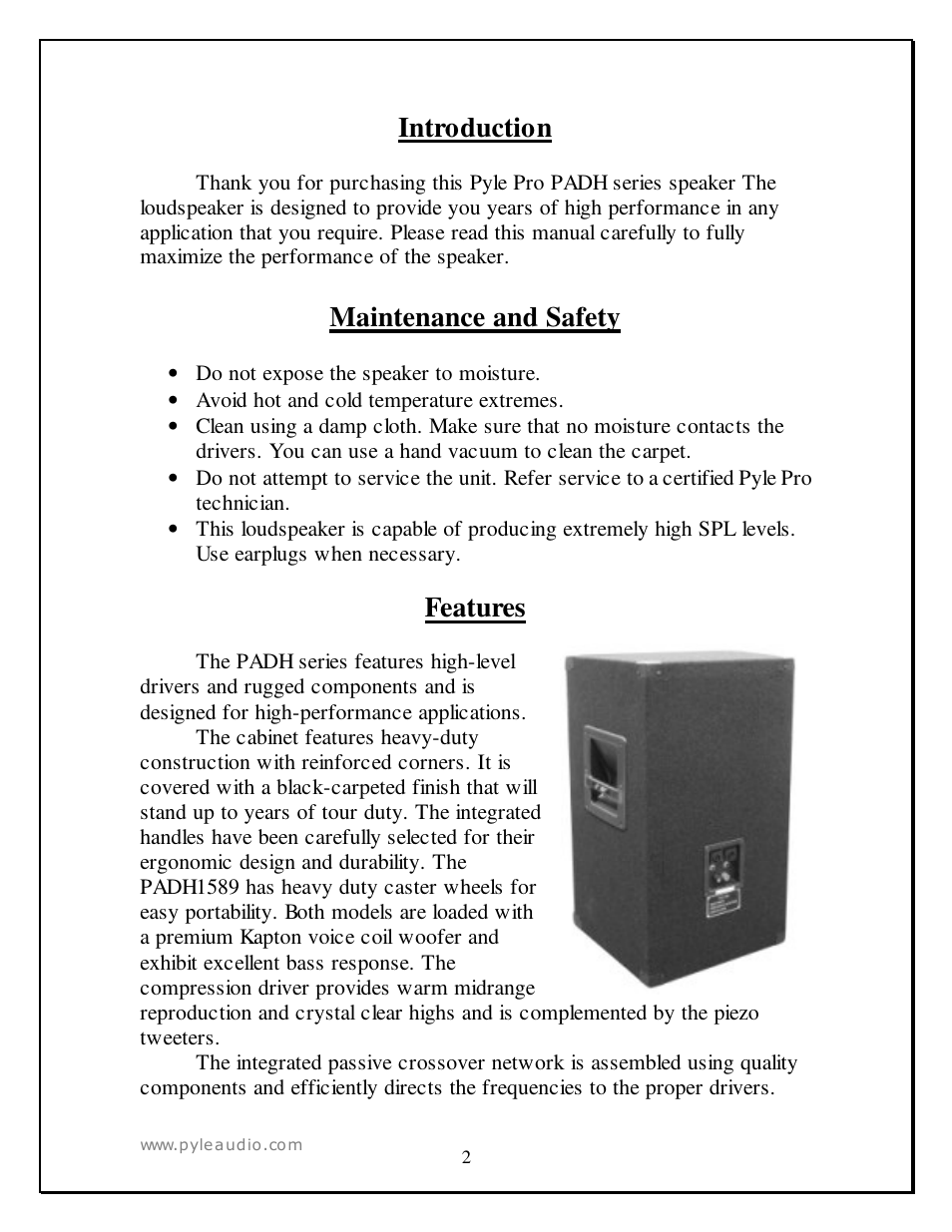 Introduction, Maintenance and safety, Features | PYLE Audio PYLE PRO PADH1589 User Manual | Page 2 / 7