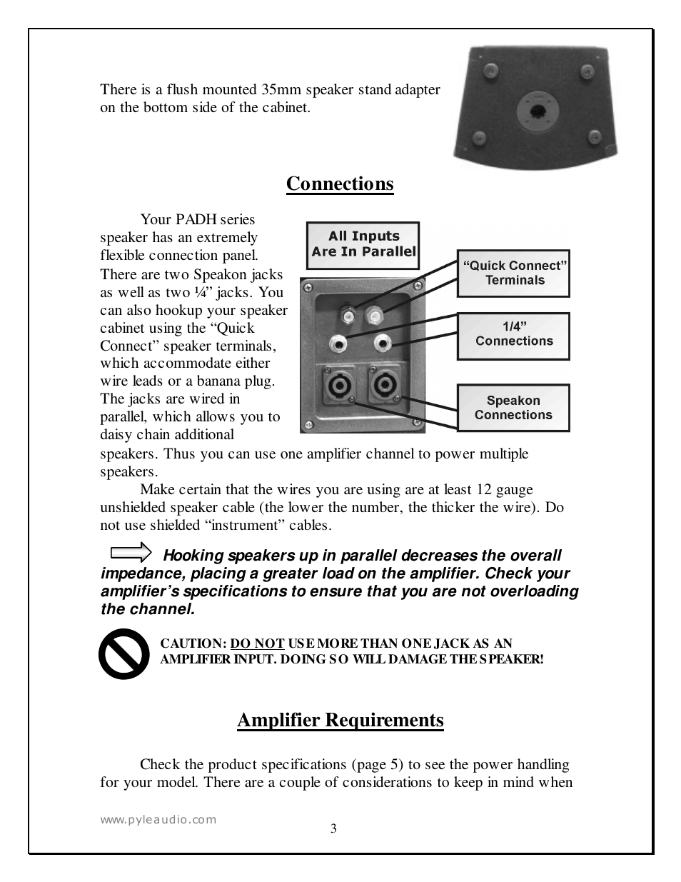 Connections, Amplifier requirements | PYLE Audio PYLE PRO PADH1589 User Manual | Page 3 / 7