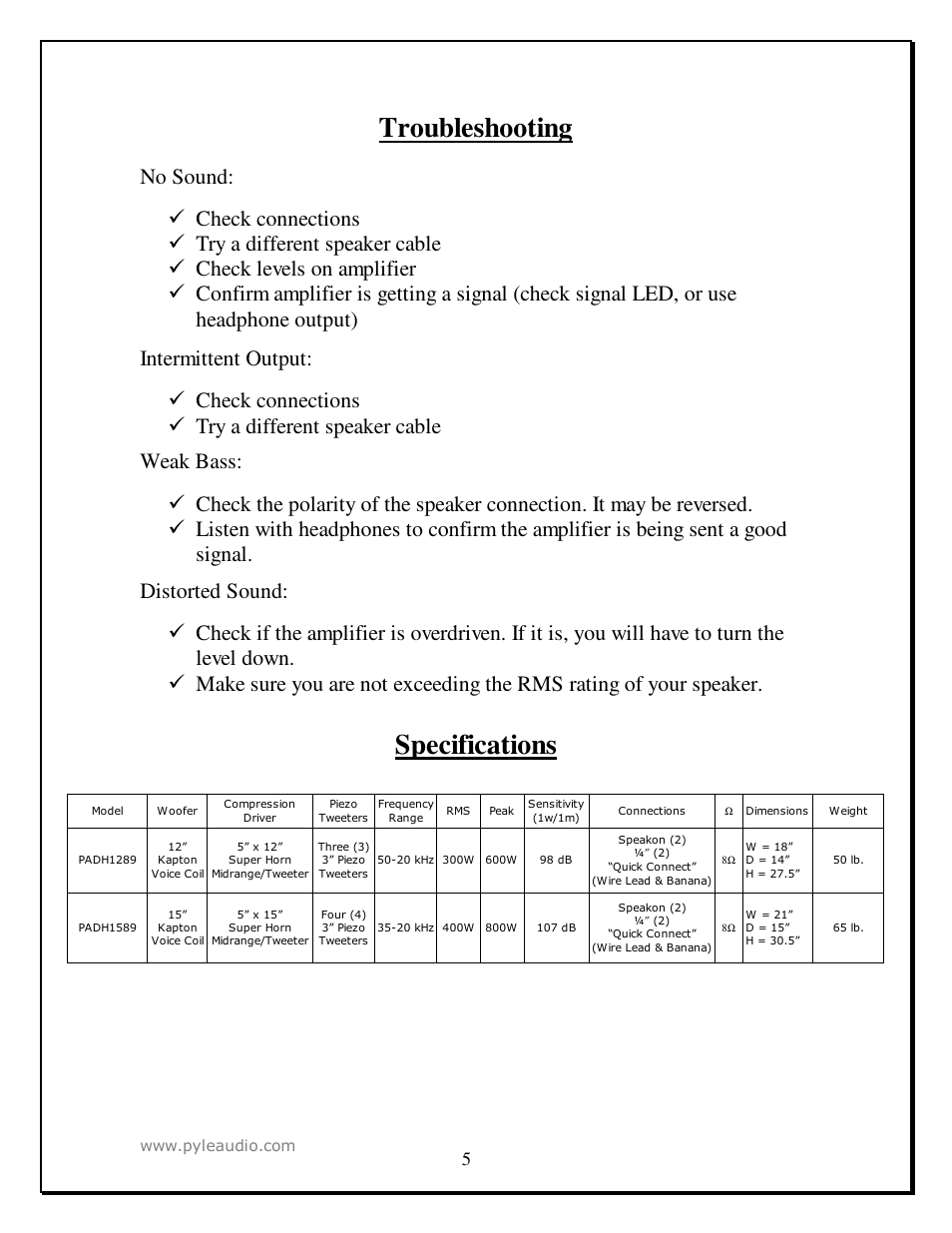 Troubleshooting, Specifications | PYLE Audio PYLE PRO PADH1589 User Manual | Page 5 / 7