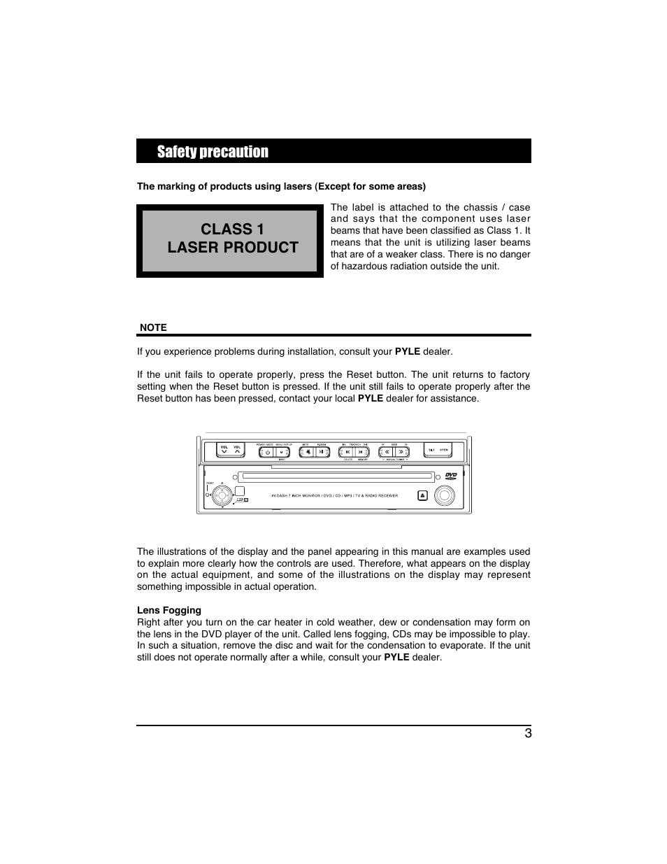 Safety precaution, Class 1 laser product | PYLE Audio PLTVD7IN User Manual | Page 5 / 41