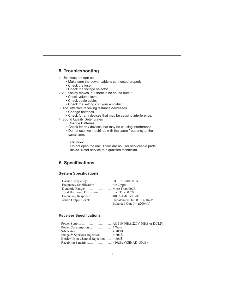 Specifications, Troubleshooting | PYLE Audio PDWM9000 User Manual | Page 6 / 7