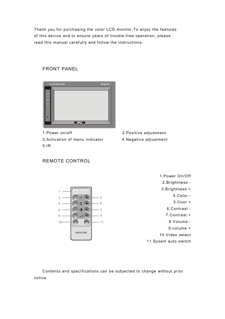 Front panel, Remote control | PYLE Audio PLVH72 User Manual | Page 2 / 3