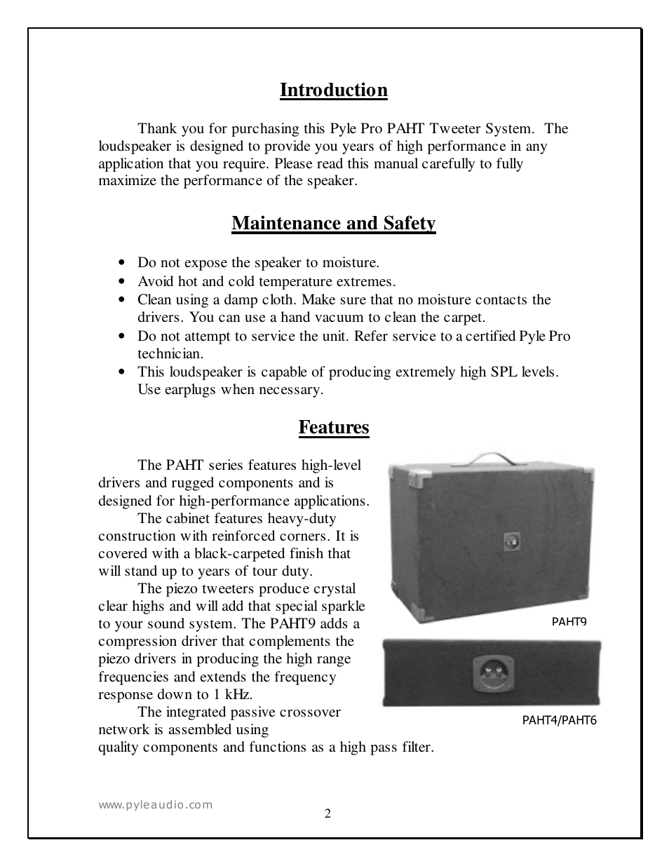 Introduction, Maintenance and safety, Features | PYLE Audio PAHT4 User Manual | Page 2 / 6