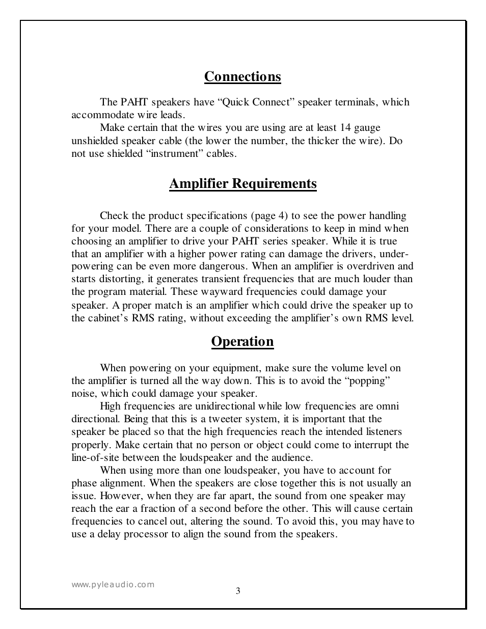 Connections, Amplifier requirements, Operation | PYLE Audio PAHT4 User Manual | Page 3 / 6