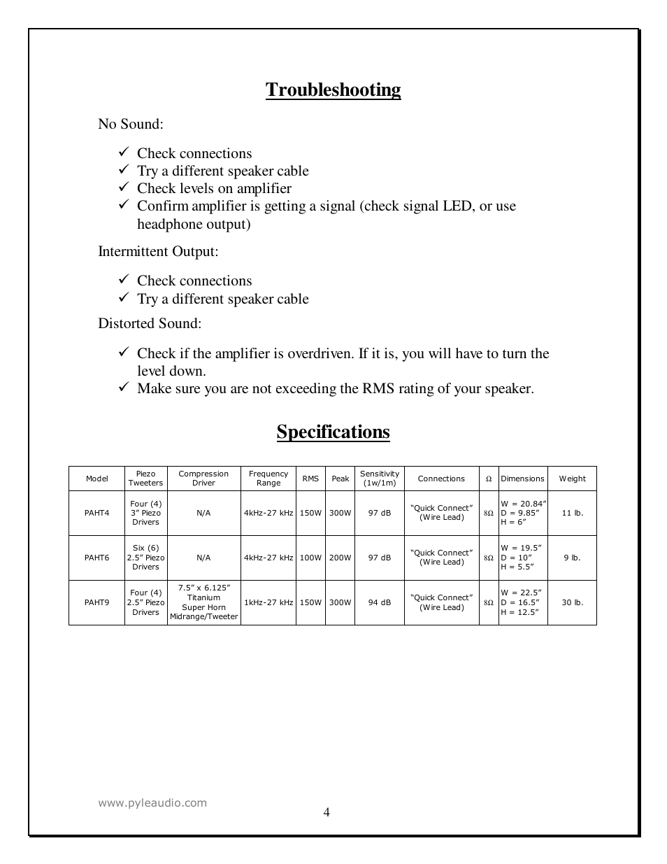 Troubleshooting, Specifications | PYLE Audio PAHT4 User Manual | Page 4 / 6