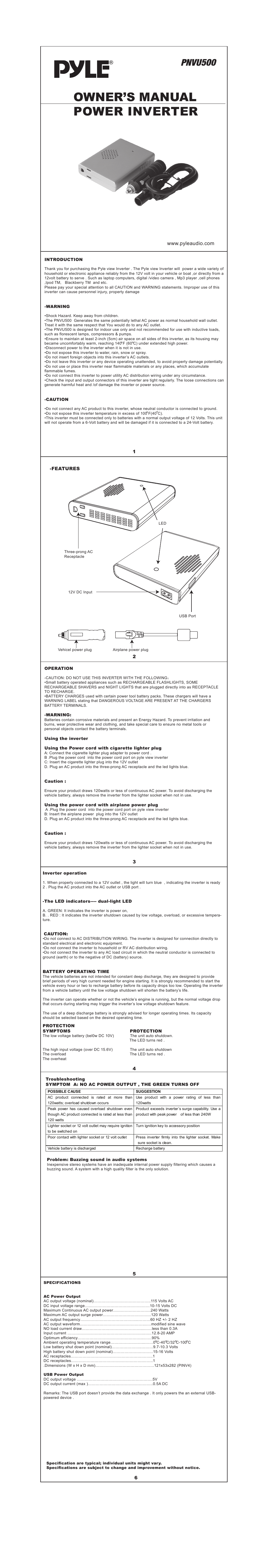 PYLE Audio Power Inverter PNVU500 User Manual | 1 page