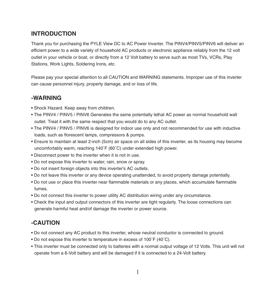 Introduction, Warning, Caution | PYLE Audio PINV5 User Manual | Page 2 / 9