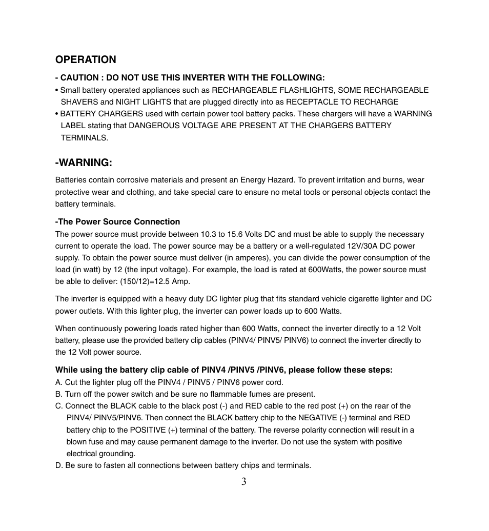 Operation, Warning | PYLE Audio PINV5 User Manual | Page 4 / 9