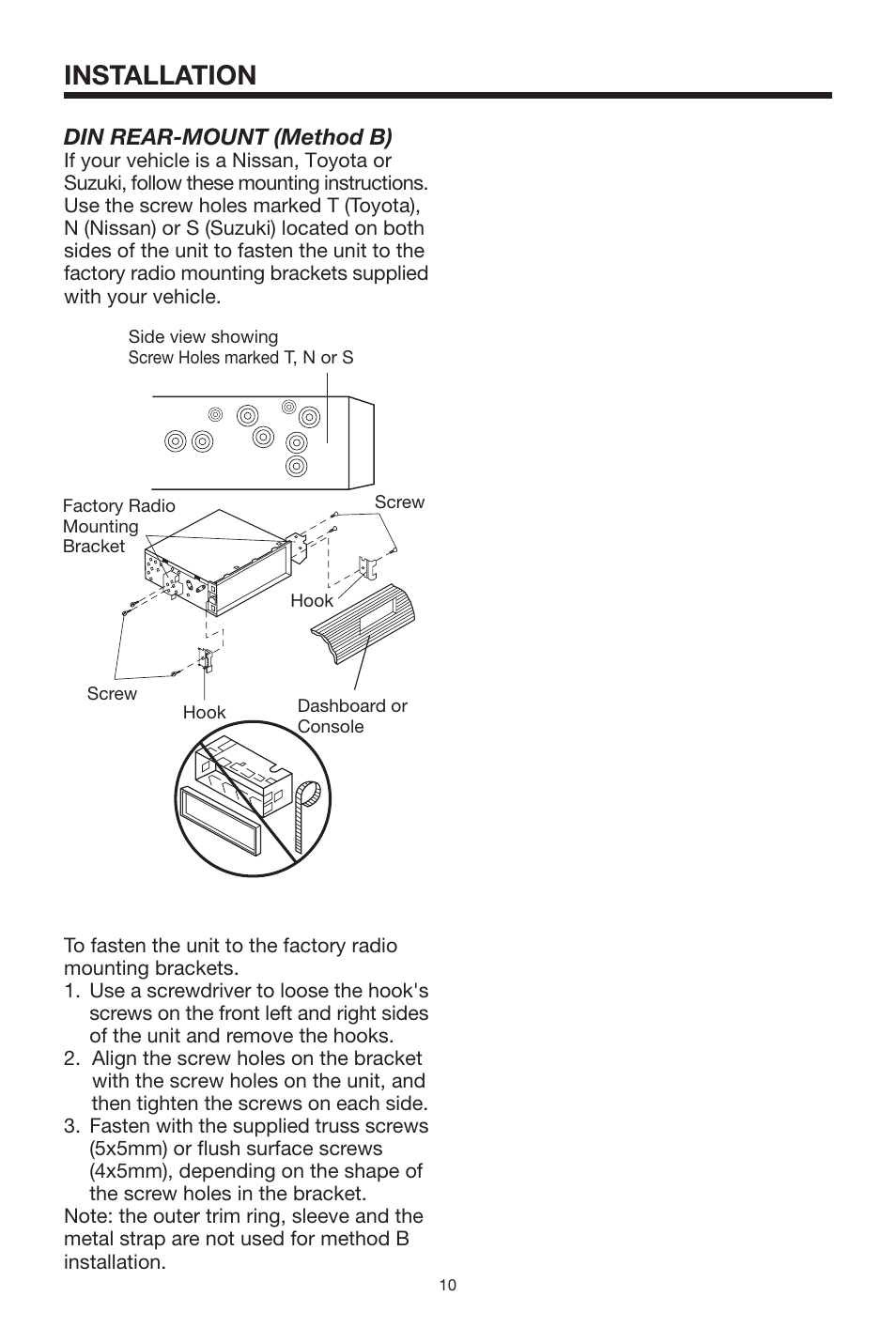 Installation, Din rear-mount (method b) | PYLE Audio PLDVD140 User Manual | Page 10 / 28