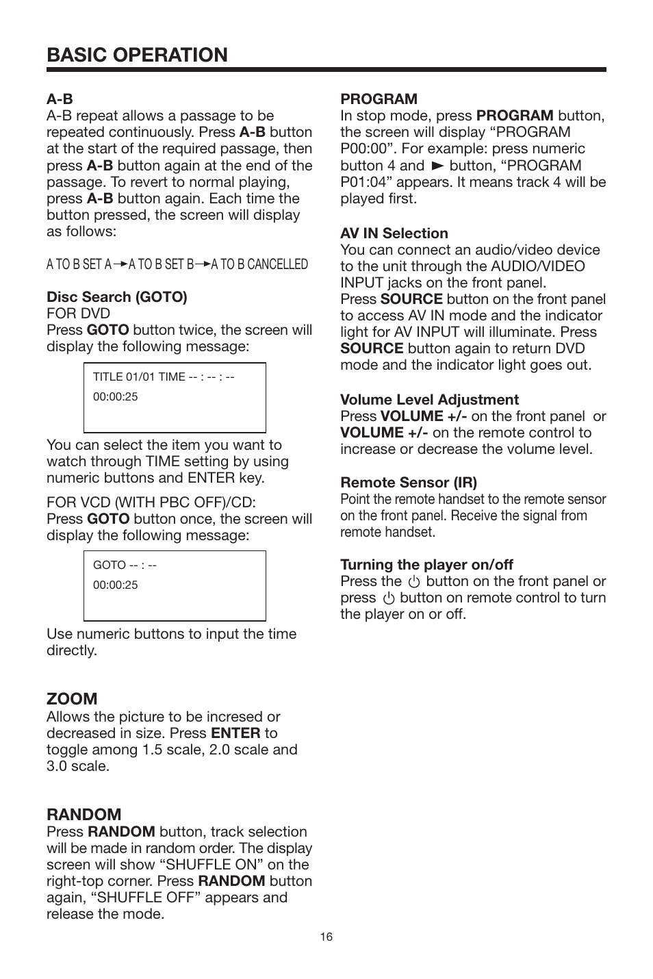 Basic operation, Zoom, Random | PYLE Audio PLDVD140 User Manual | Page 16 / 28