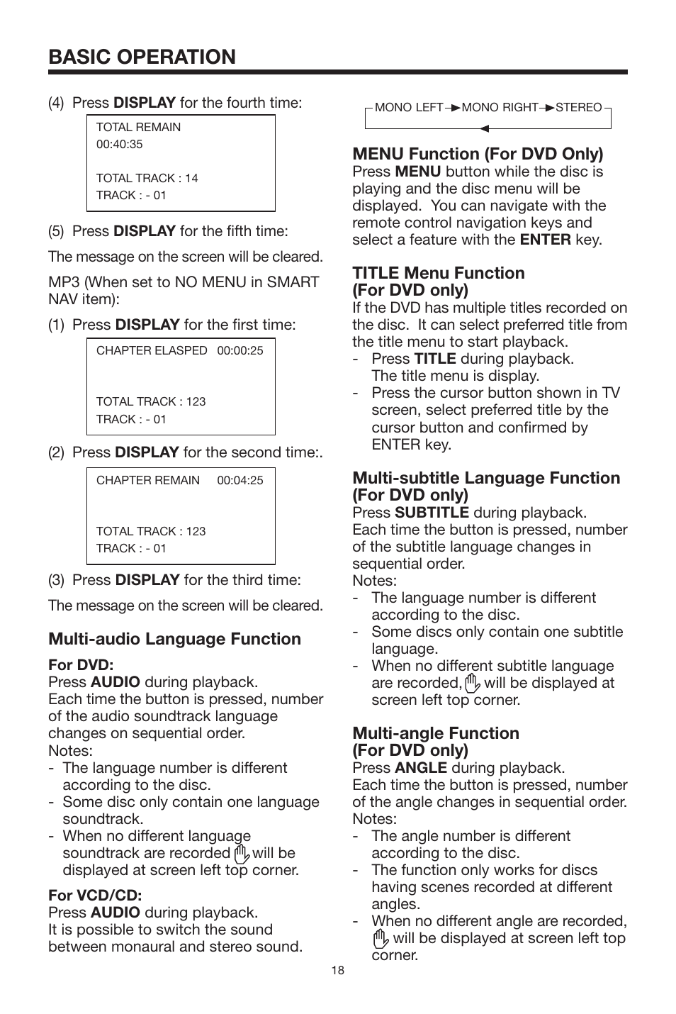 Basic operation, Menu function (for dvd only), Title menu function (for dvd only) | Multi-subtitle language function (for dvd only), Multi-angle function (for dvd only), Multi-audio language function | PYLE Audio PLDVD140 User Manual | Page 18 / 28