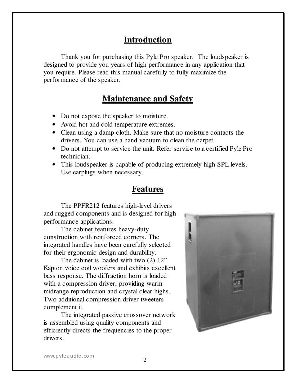 Introduction, Maintenance and safety, Features | PYLE Audio PPFR212 User Manual | Page 2 / 7