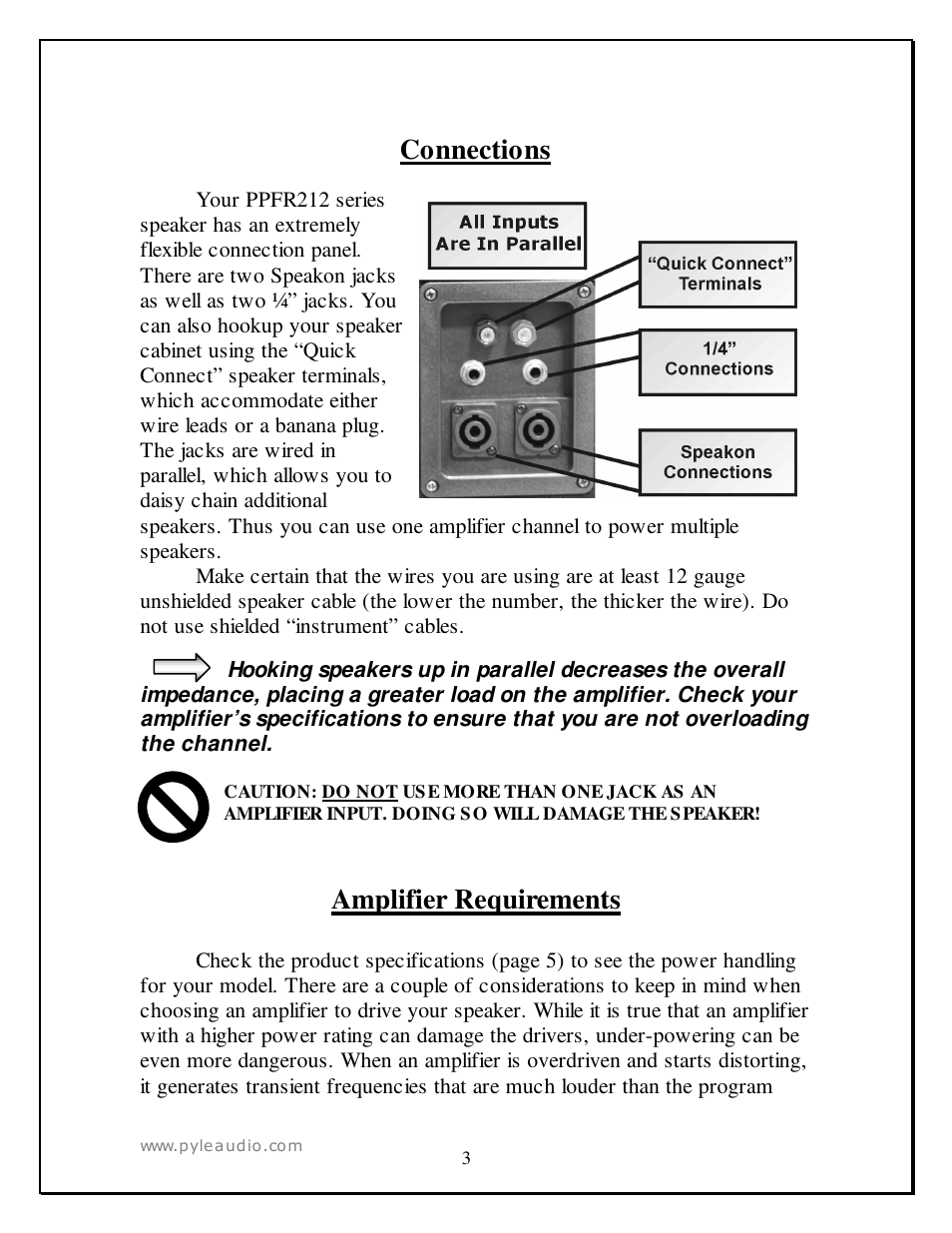 Connections, Amplifier requirements | PYLE Audio PPFR212 User Manual | Page 3 / 7