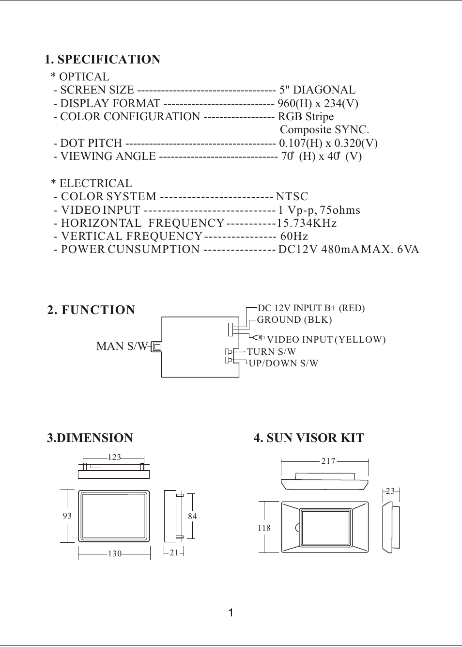 Specification, Function 3.dimension 4. sun visor kit, Man s/w | PYLE Audio PLVSMN5 User Manual | Page 2 / 2