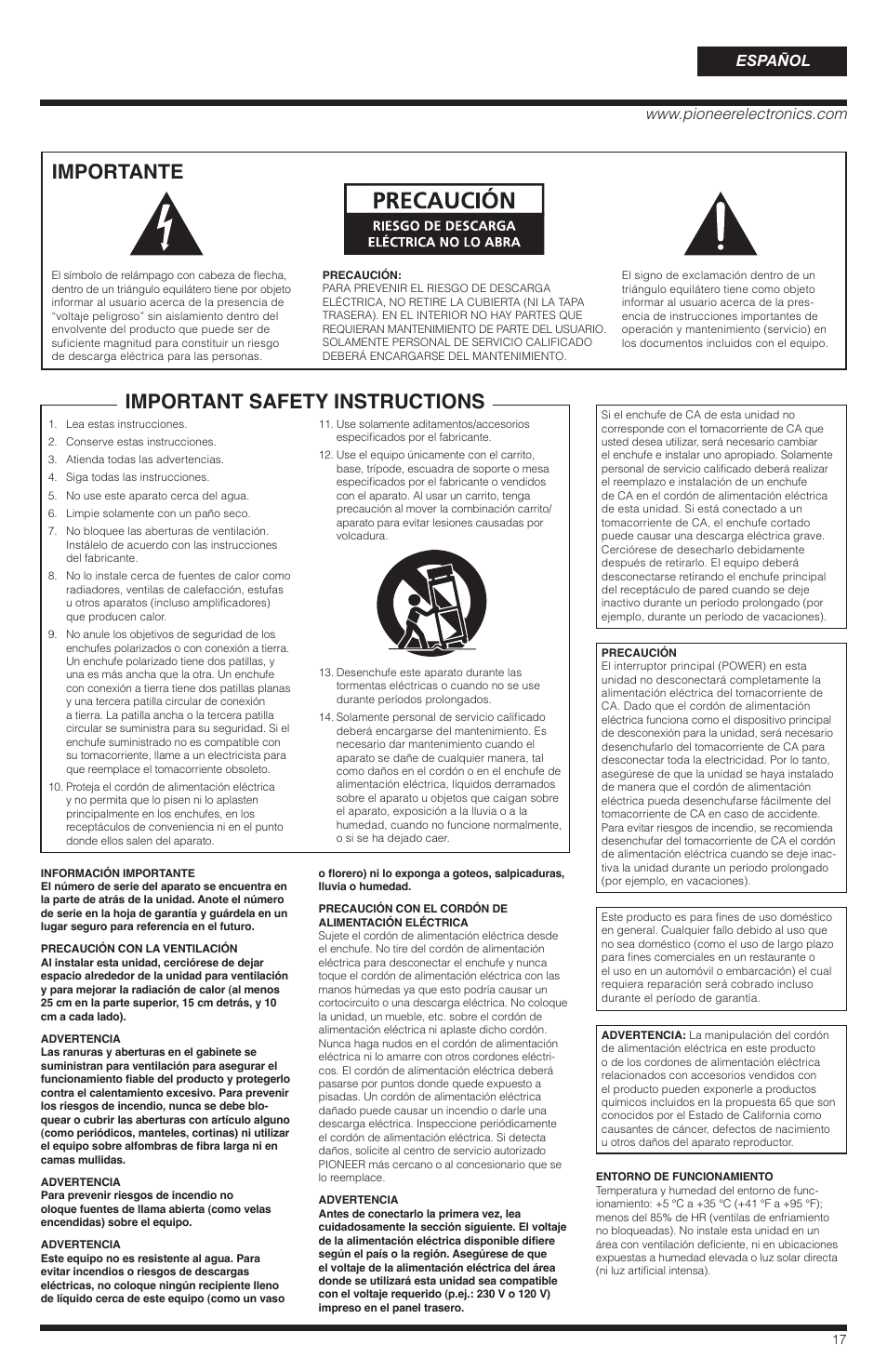 Importante, Important safety instructions, Español | PYLE Audio SW-8 User Manual | Page 17 / 24