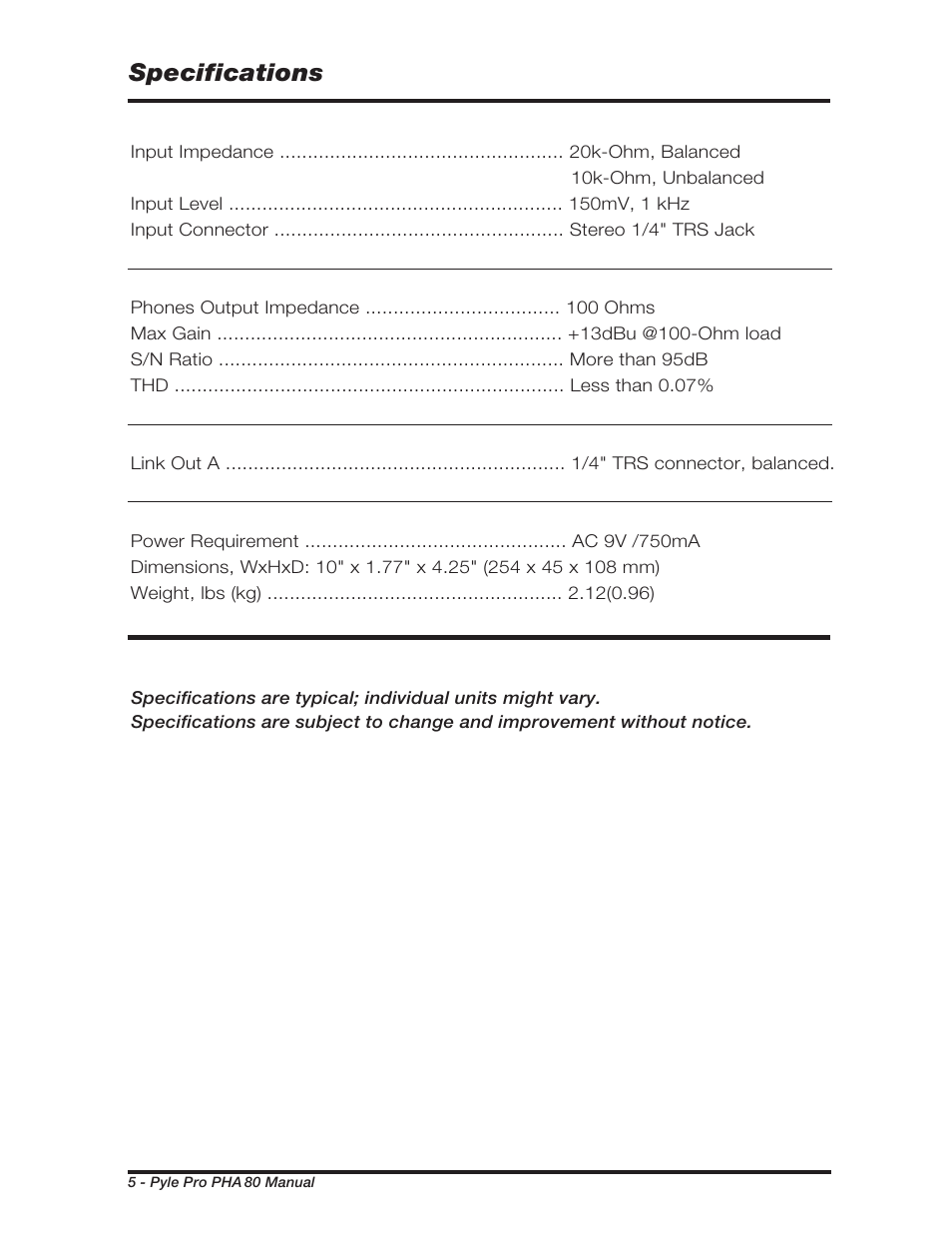 Specifications | PYLE Audio PHA80 User Manual | Page 6 / 8