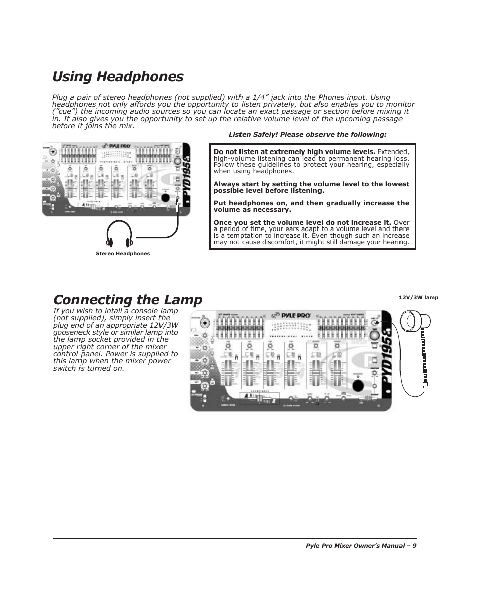 Using headphones, Connecting the lamp | PYLE Audio PYD-1918 User Manual | Page 11 / 16