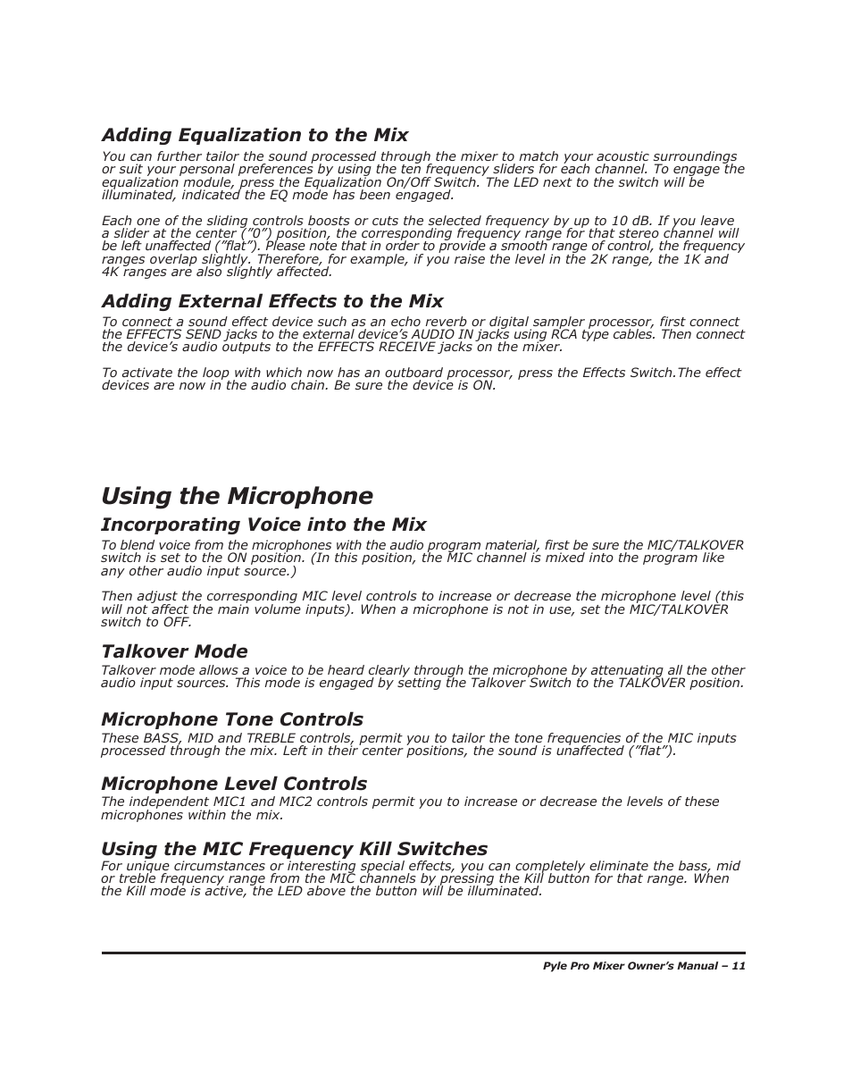 Using the microphone, Adding equalization to the mix, Adding external effects to the mix | Incorporating voice into the mix, Talkover mode, Microphone tone controls | PYLE Audio PYD-1918 User Manual | Page 13 / 16