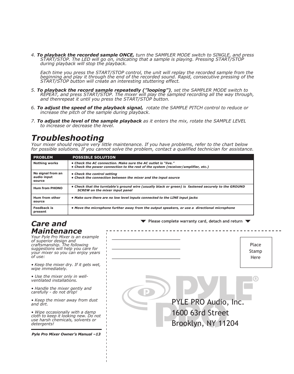 Troubleshooting, Care and maintenance | PYLE Audio PYD-1918 User Manual | Page 15 / 16