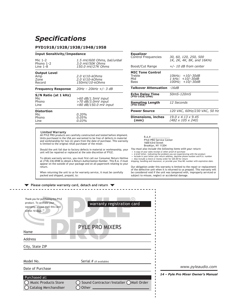 Specifications, Pyle pro mixers, Warranty registration card | PYLE Audio PYD-1918 User Manual | Page 16 / 16