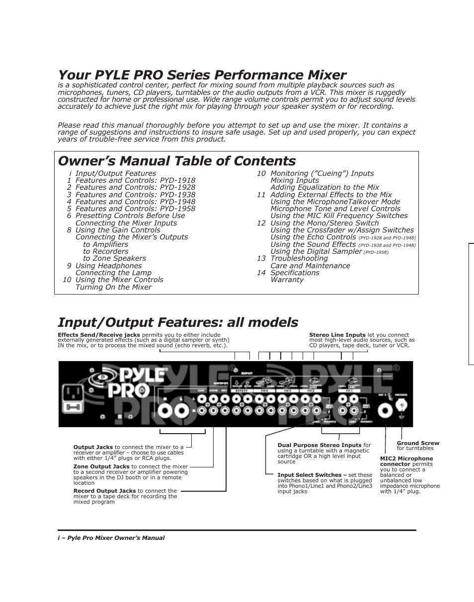 Your pyle pro series performance mixer, Input/output features: all models, Owner’s manual table of contents | PYLE Audio PYD-1918 User Manual | Page 2 / 16