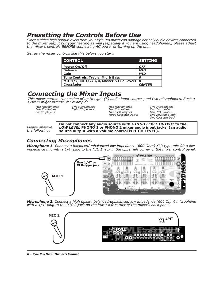 Presetting the controls before use, Connecting the mixer inputs, Connecting microphones | PYLE Audio PYD-1918 User Manual | Page 8 / 16