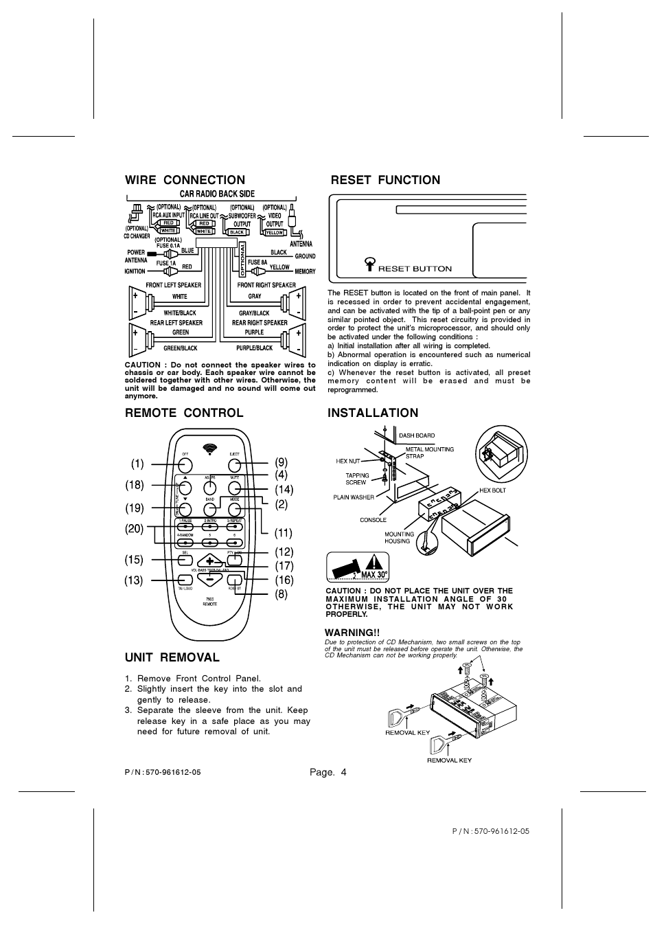 Reset function installation unit removal, Remote control wire connection | PYLE Audio PLCD44 User Manual | Page 4 / 4