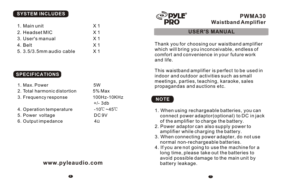 PYLE Audio Waisband Amplifier PWMA30 User Manual | 2 pages