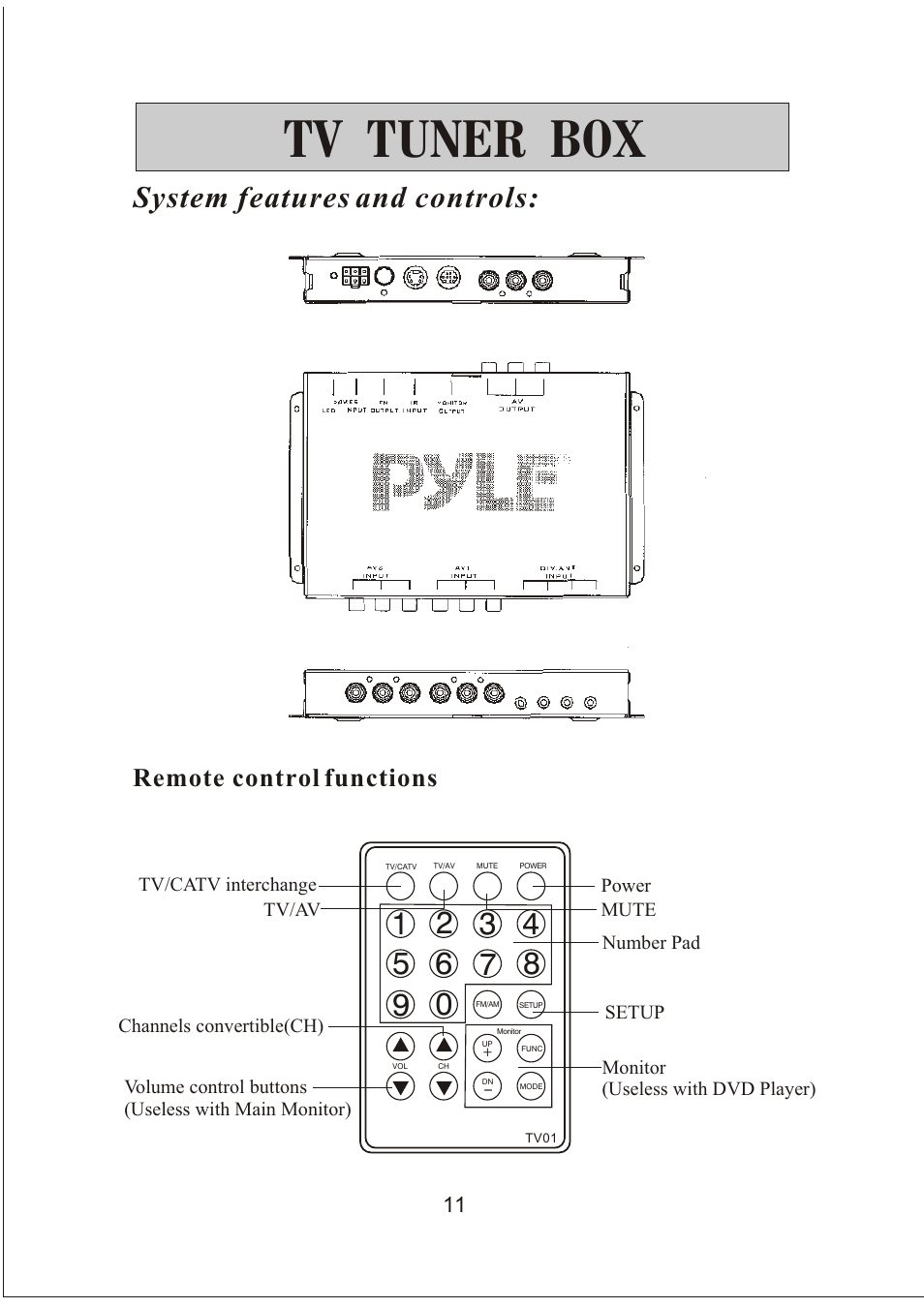 Tv tuner box, System features and controls, Remote control functions | PYLE Audio PLVW20T User Manual | Page 12 / 17