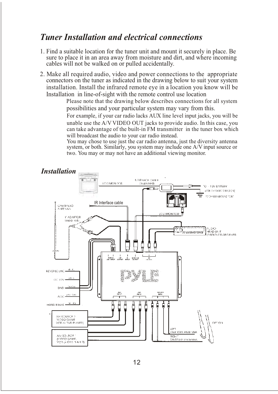 Tuner installation and electrical connections | PYLE Audio PLVW20T User Manual | Page 13 / 17