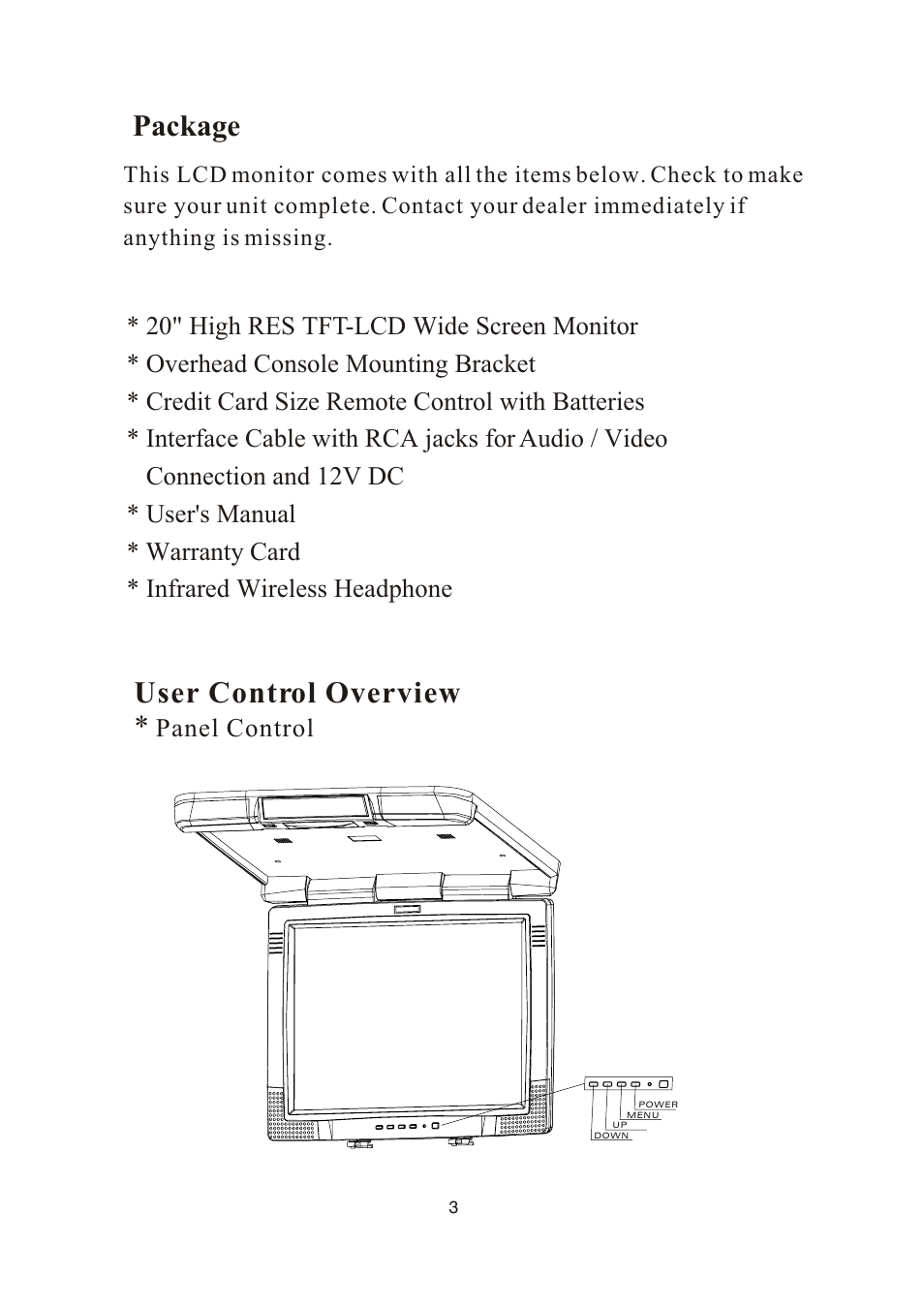 Package, User control overview, Panel control | PYLE Audio PLVW20T User Manual | Page 4 / 17