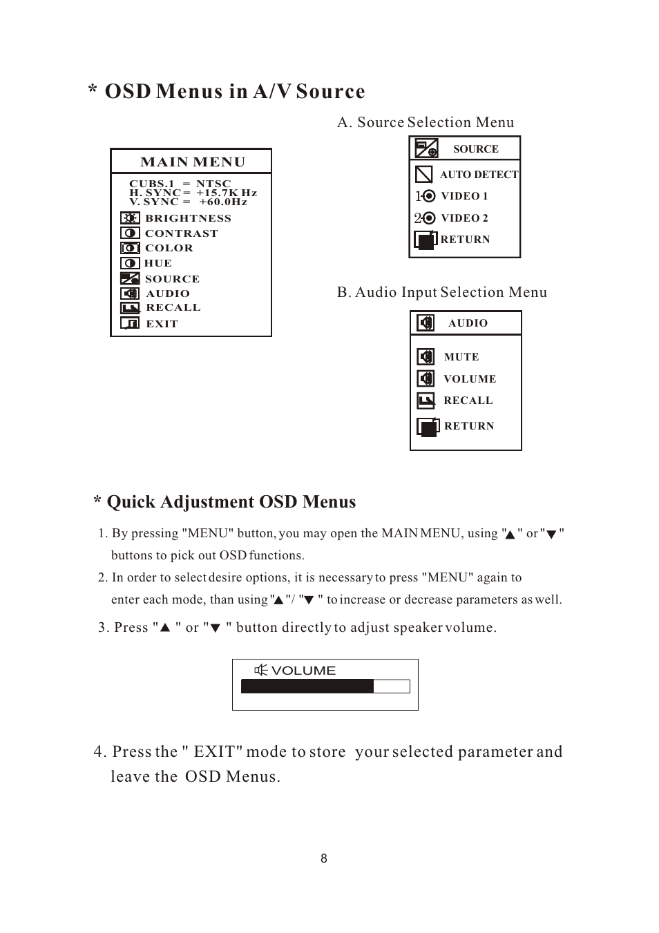 Osd menus in a/v source, Quick adjustment osd menus | PYLE Audio PLVW20T User Manual | Page 9 / 17