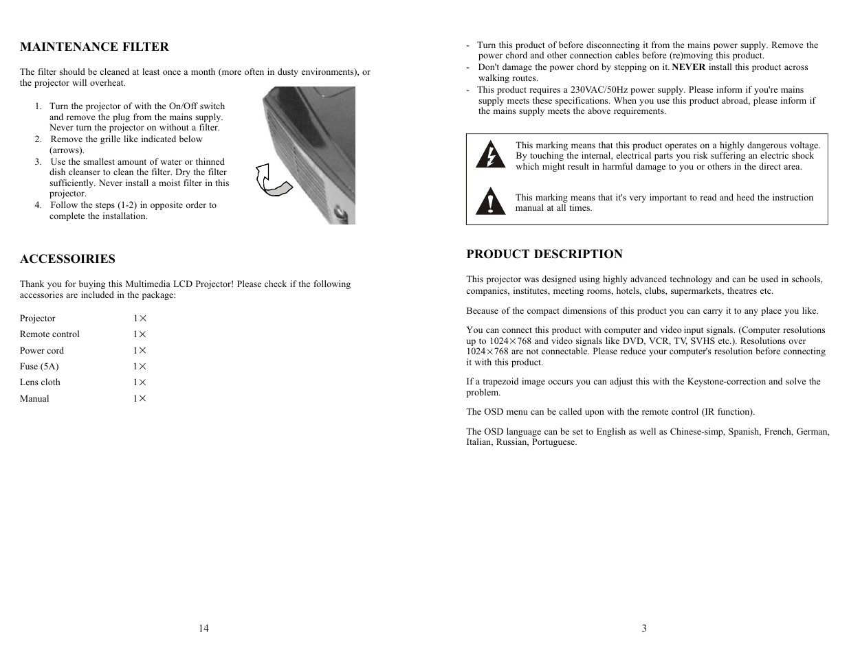 Product description, Maintenance filter, Accessoiries | PYLE Audio PRJV66 User Manual | Page 4 / 9