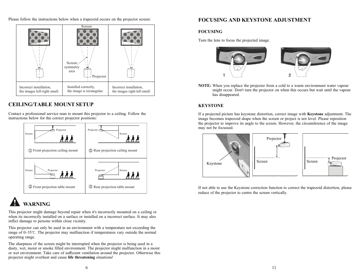 Ceiling/table mount setup, Warning, Focusing and keystone adjustment | PYLE Audio PRJV66 User Manual | Page 7 / 9