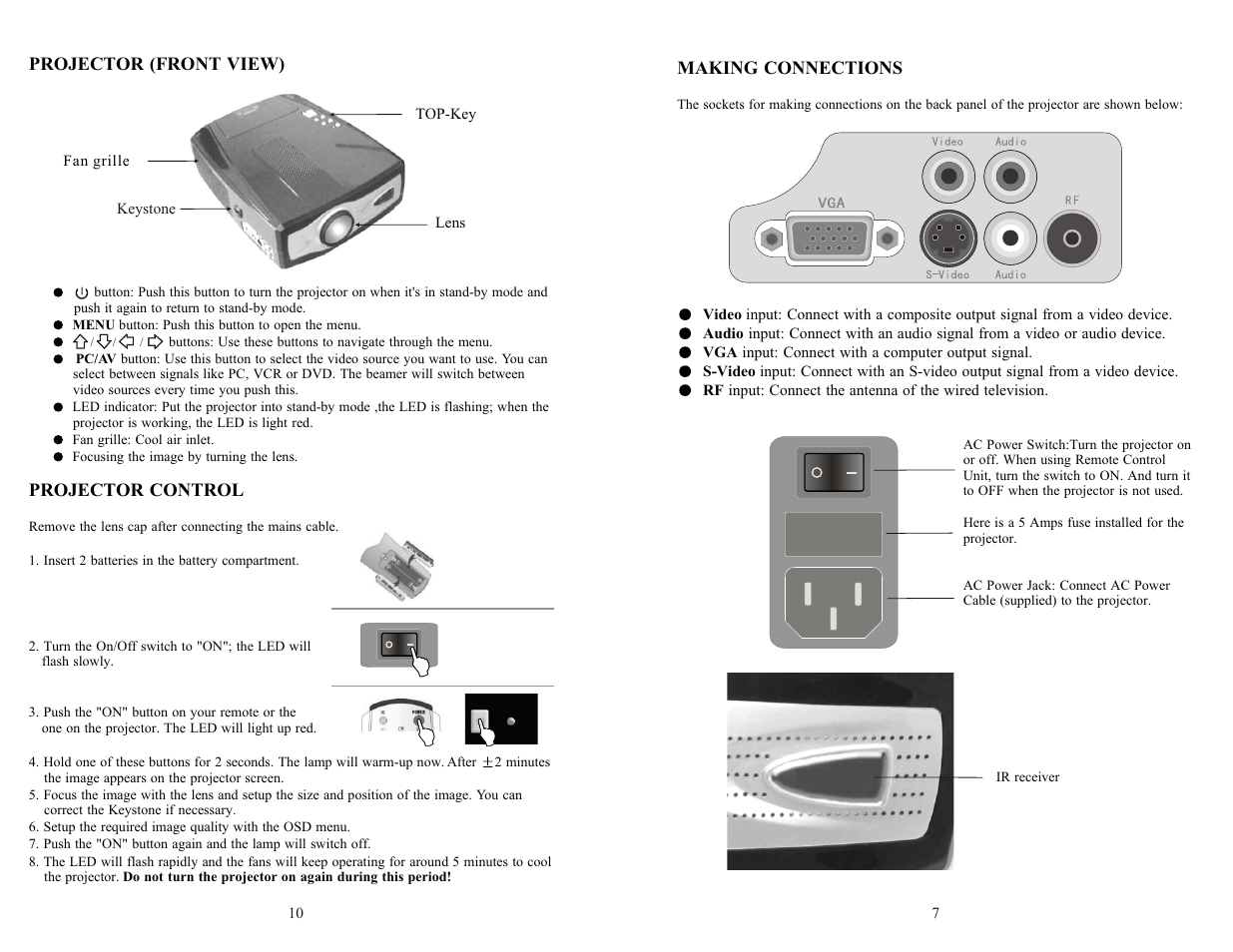 Projector (front view), Projector control, Making connections | PYLE Audio PRJV66 User Manual | Page 8 / 9