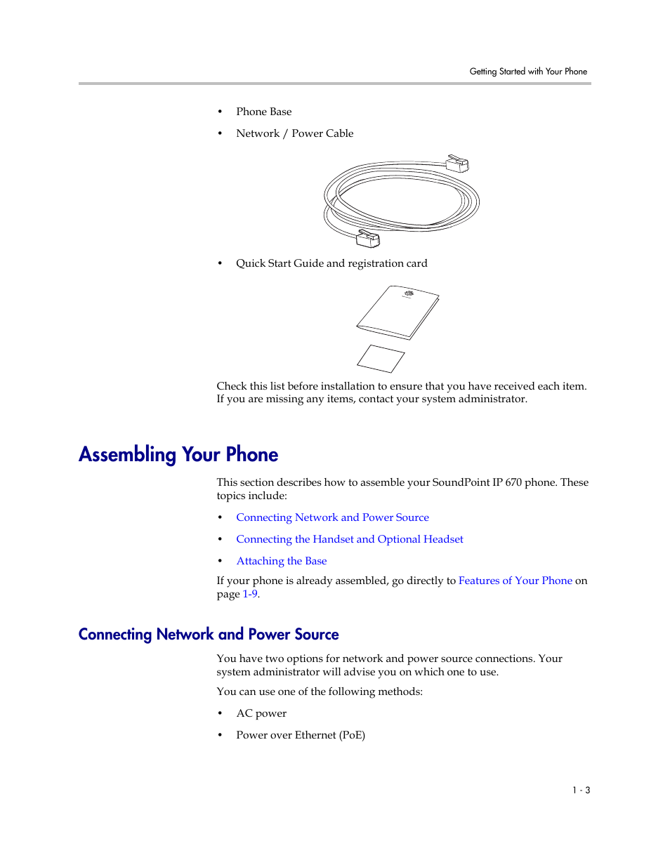 Assembling your phone, Connecting network and power source, Assembling your phone –3 | Connecting network and power source –3 | PYLE Audio SOUNDPOINT IP 670 User Manual | Page 11 / 126