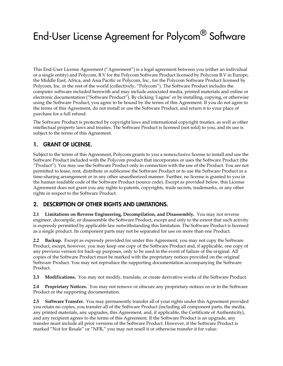 Grant of license, Description of other rights and limitations, End-user license agreement for polycom® software | End-user license agreement for polycom, Software | PYLE Audio SOUNDPOINT IP 670 User Manual | Page 123 / 126