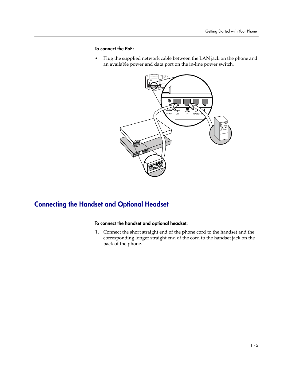 Connecting the handset and optional headset, Connecting the handset and optional headset –5 | PYLE Audio SOUNDPOINT IP 670 User Manual | Page 13 / 126