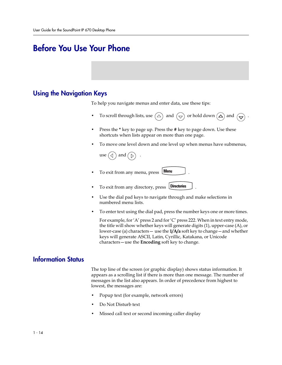 Before you use your phone, Using the navigation keys, Information status | Before you use your phone –14 | PYLE Audio SOUNDPOINT IP 670 User Manual | Page 22 / 126