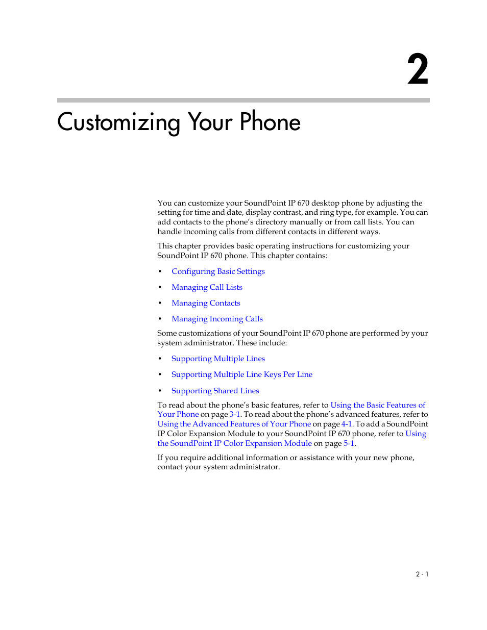 Customizing your phone, 2 customizing your phone –1 | PYLE Audio SOUNDPOINT IP 670 User Manual | Page 25 / 126