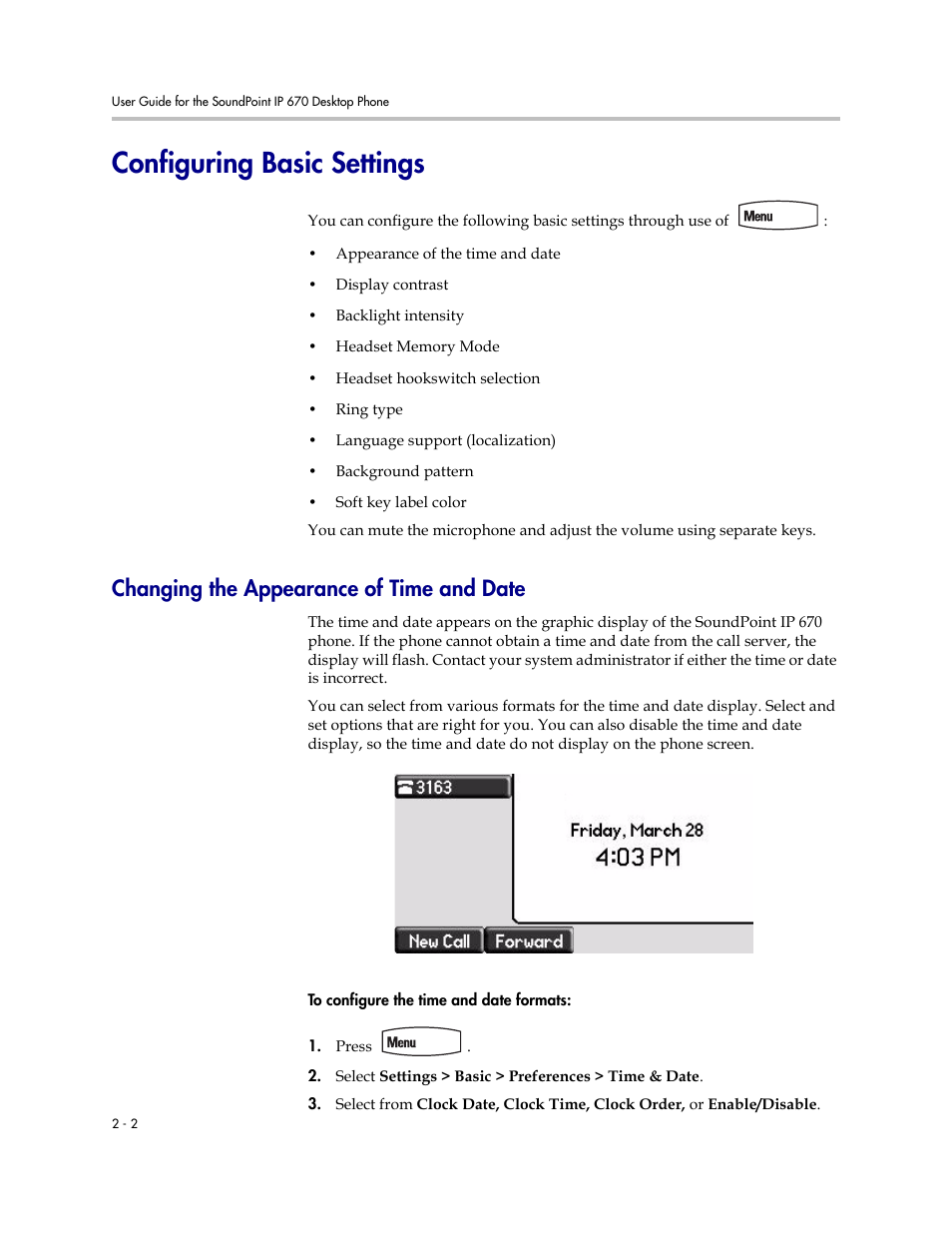 Configuring basic settings, Changing the appearance of time and date, Configuring basic settings –2 | Changing the appearance of time and date –2 | PYLE Audio SOUNDPOINT IP 670 User Manual | Page 26 / 126