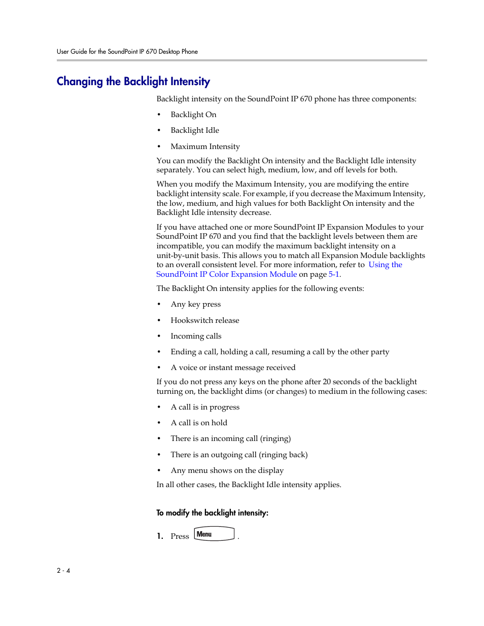 Changing the backlight intensity, Changing the backlight intensity –4 | PYLE Audio SOUNDPOINT IP 670 User Manual | Page 28 / 126