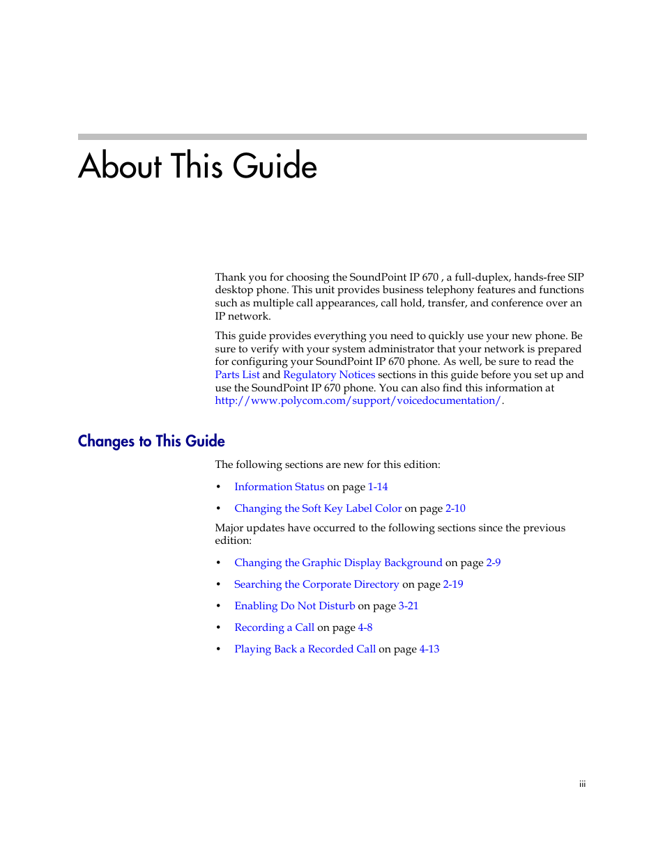 Changes to this guide, About this guide | PYLE Audio SOUNDPOINT IP 670 User Manual | Page 3 / 126