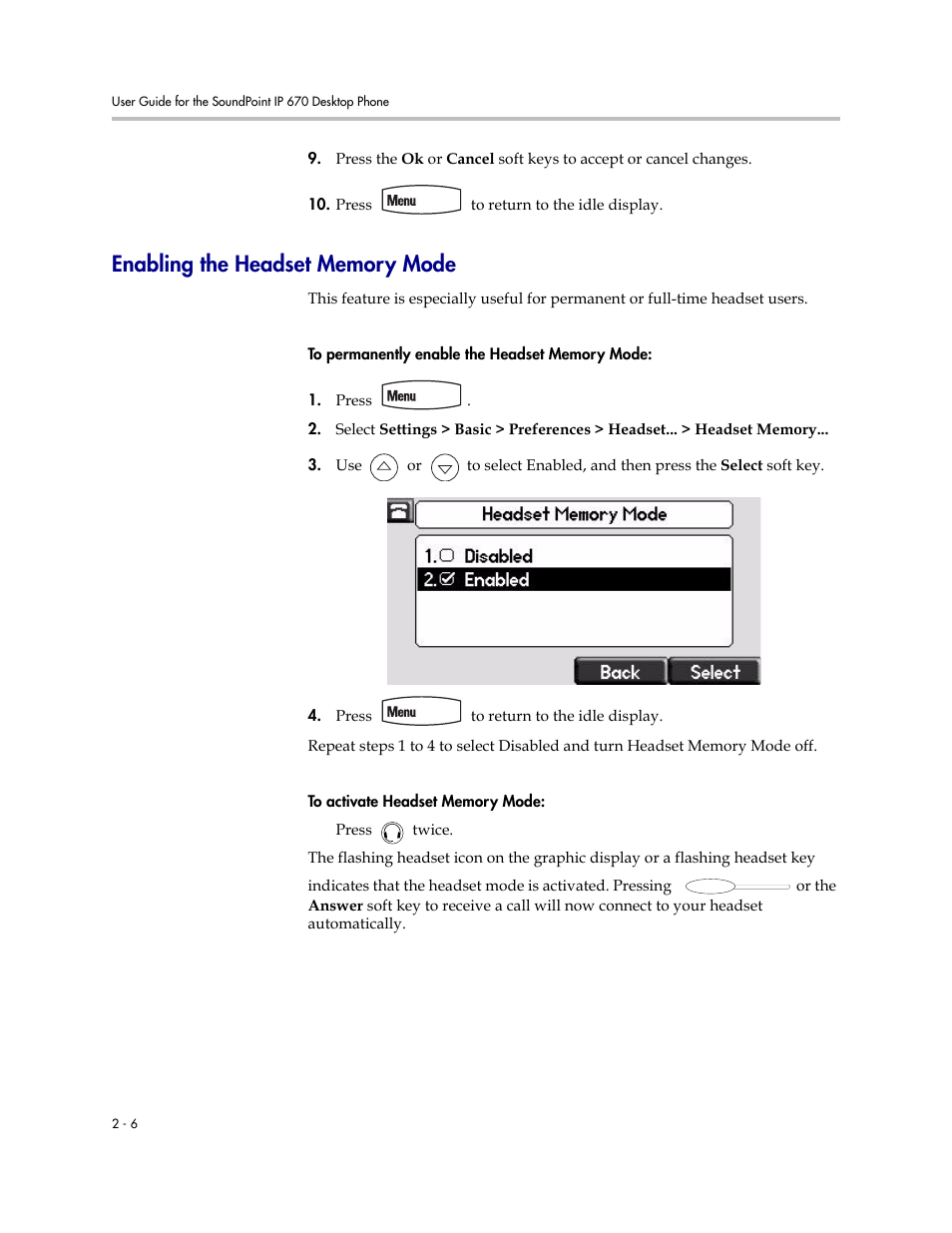 Enabling the headset memory mode, Enabling the headset memory mode –6 | PYLE Audio SOUNDPOINT IP 670 User Manual | Page 30 / 126