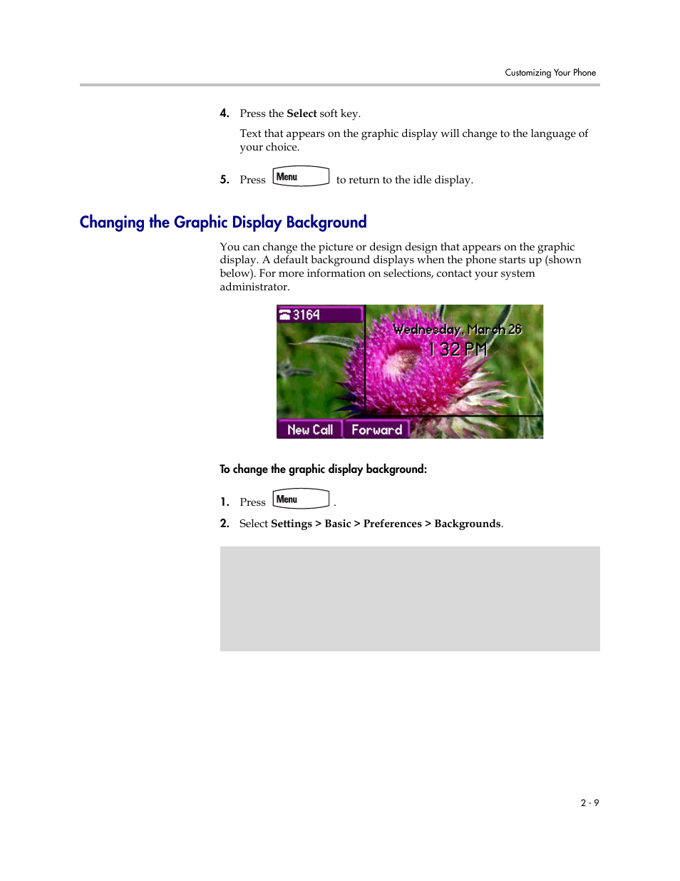 Changing the graphic display background, Changing the graphic display background –9, Changing | The graphic display background | PYLE Audio SOUNDPOINT IP 670 User Manual | Page 33 / 126