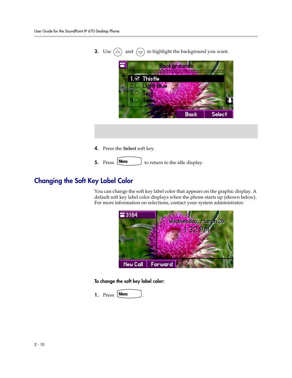 Changing the soft key label color, Changing the soft key label color –10 | PYLE Audio SOUNDPOINT IP 670 User Manual | Page 34 / 126