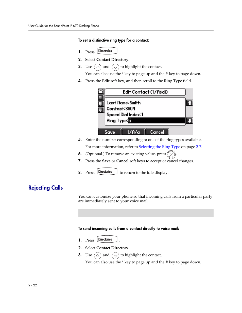Rejecting calls, Rejecting calls –22, Rejecting | Calls | PYLE Audio SOUNDPOINT IP 670 User Manual | Page 46 / 126