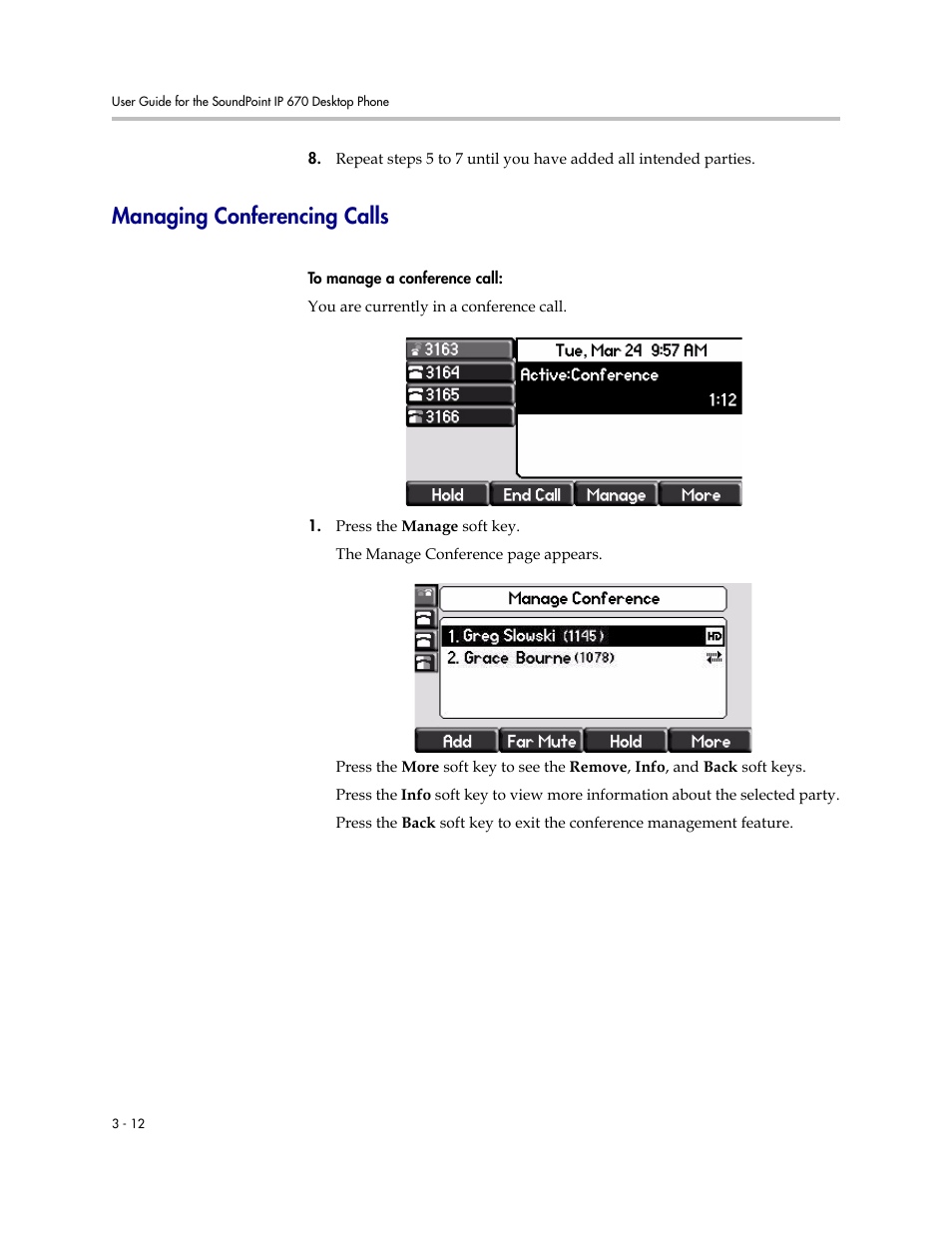 Managing conferencing calls, Managing conferencing calls –12 | PYLE Audio SOUNDPOINT IP 670 User Manual | Page 62 / 126