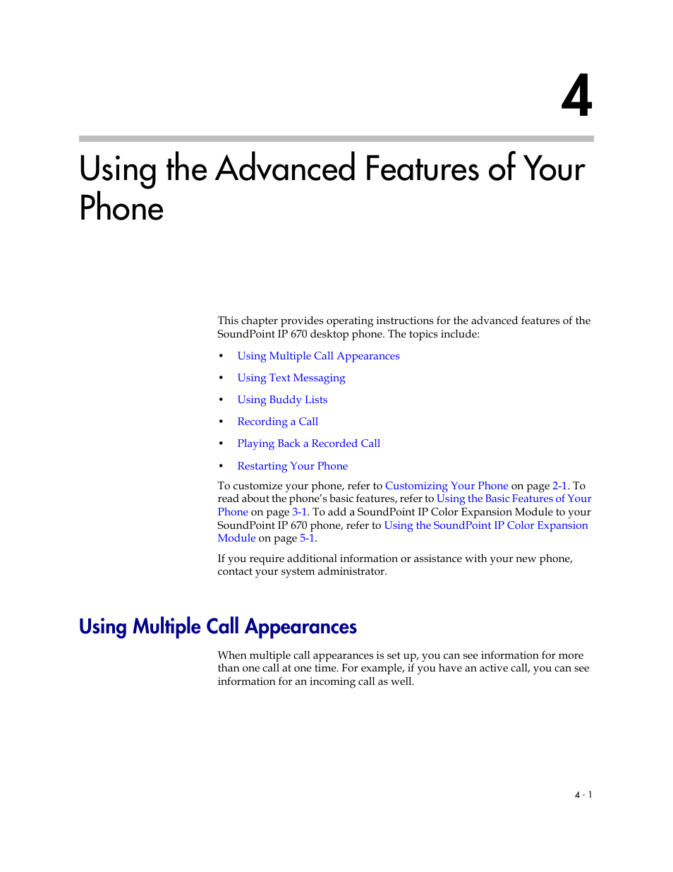 Using the advanced features of your phone, Using multiple call appearances, 4 using the advanced features of your phone –1 | Using multiple call appearances –1, Using the, Advanced features of your phone, To ad, R to, Using the advanced, Features of your phone | PYLE Audio SOUNDPOINT IP 670 User Manual | Page 77 / 126